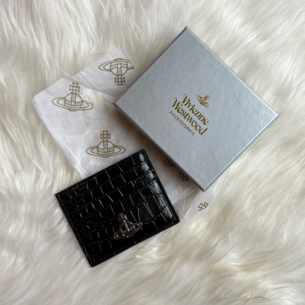 Vivienne Westwood Black Croc-Embossed Bi-Fold Wallet with Orb Plaque